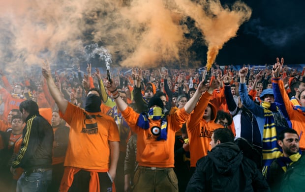 Apoel Nicosia fans after the final whistle of the Champions League first leg quarter-final against Real Madrid at the GSP Stadium in 2012