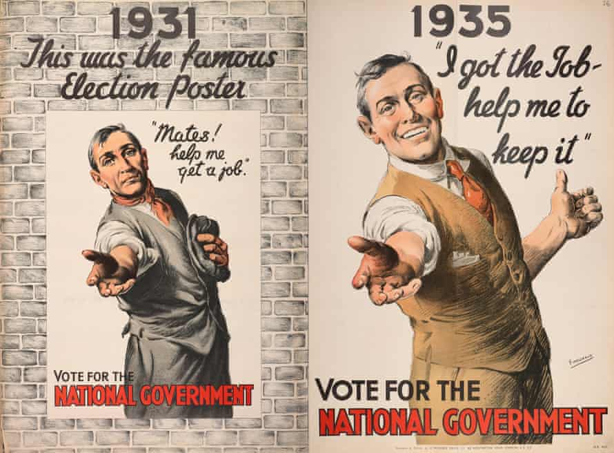 Campaign posters for Britain’s national government coalition spanning two elections.