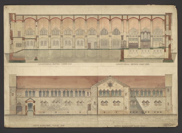 ‘Longitudinal section and south elevation.’, measured drawing by Robert W. Schultz Weir, Cathedral Church of All Saints, Khartoum, Sudan, 1888-1934.