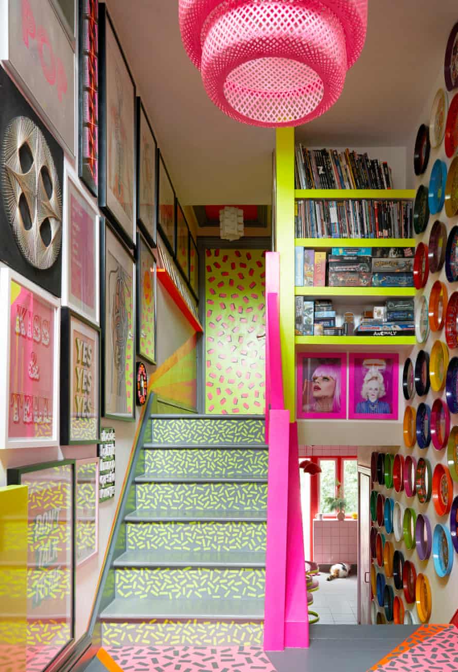Ms Pink’s wall-mounted tray collection and bright staircase