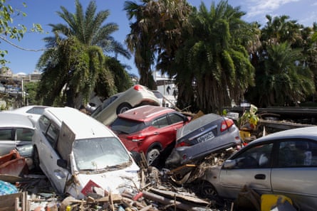 Cars piled up in the town of Guangfu.