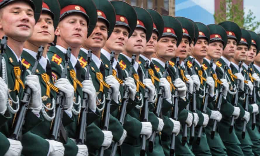 Soldiers march through Red Square during the Victory Day military parade in Moscow in May 2019