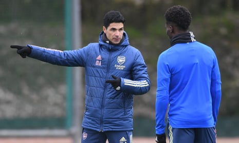 Arsenal’s manager Mikel Arteta at a training session with Bukayo Saka, who is available for the Europa League second leg at Slavia Prague.