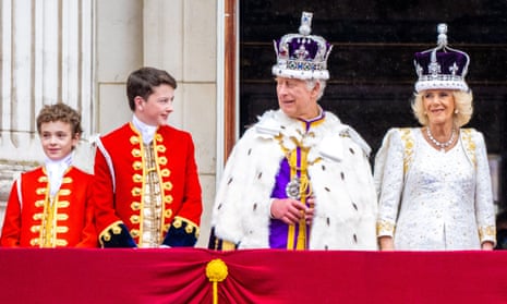 King Charles III and Queen Camilla, Nicholas Barclay, Ralph Tollemache during appearance on the Buckingham Palace balcony.