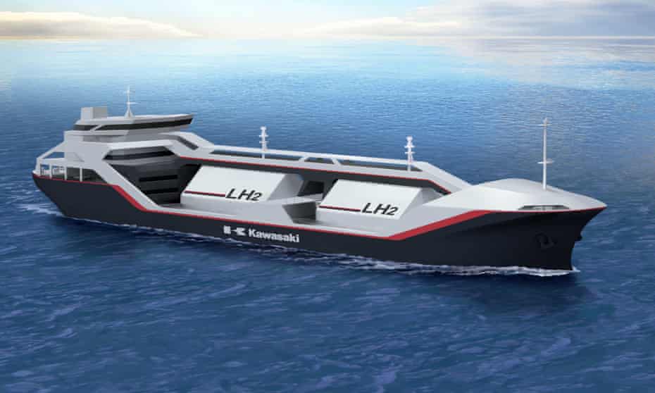 Australia and Japan signed a deal in January 2017 to ship liquid hydrogen in bulk from Victoria, in what will be a world first. A pilot project is expected to start in 2020. Supplied artist’s impression of a liquid hydrogen carrier from ship-builder Kawasaki Heavy Industries. 