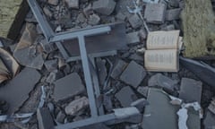 Books and rubble at a school bombed by the Russian army in Bakhmut, Ukraine, July 2022.