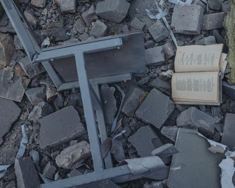 Books and rubble at a school bombed by the Russian army in Bakhmut, Ukraine, July 2022.