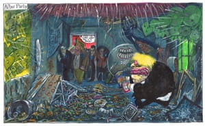 Martin Rowson cartoon 07.05.2022: Johnson party being raided by his mistakes
