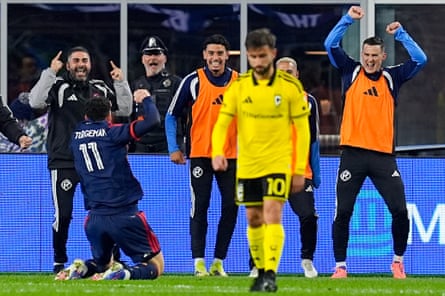Dor Turgeman #11 of New England Revolution celebrates his extremity pinch teammates during a crippled betwixt Columbus Crew and New England Revolution astatine Gillette Stadium connected April 18, 2026, successful Foxborough, Massachusetts.