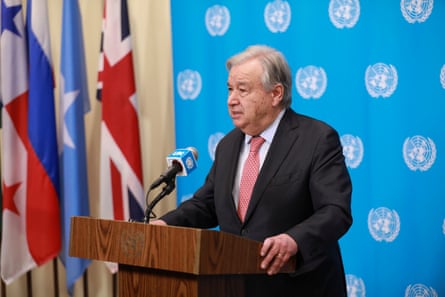 Guterres speaking at a lectern