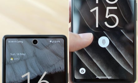 A câmera selfie e o leitor de impressão digital do Pixel 7a.