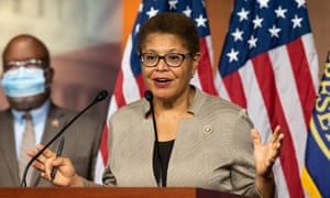 Representative Karen Bass (D-CA) speaks at a press conference of the Congressional Black Caucus.