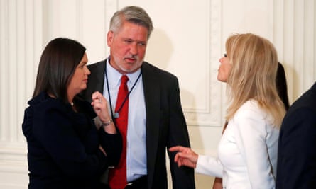 Bill Shine talks with Sarah Sanders and Kellyanne Conway at the White House.