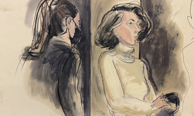 A courtroom sketch shows Ghislaine Maxwell, right, sitting with her mask off during a break in her trial in December 2021.
