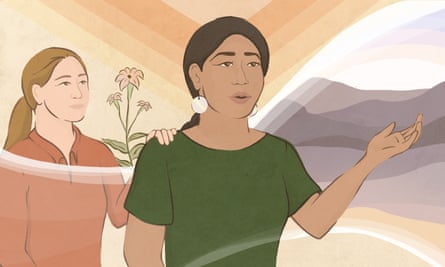 Illustration of an indigenous woman with a white woman behind her.