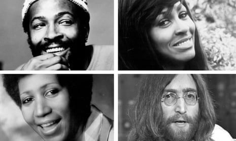 From clockwise: Marvin Gaye, Tina Turner, John Lennon and Aretha Franklin 