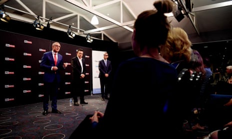 South Australia premier Jay Weatherill, SA Best leader Nick Xenophon and Liberal leader Steven Marshall (right) during the final debate in Adelaide.