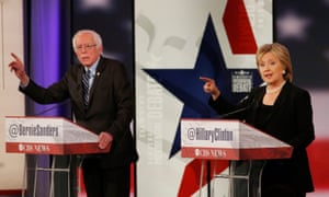 Democratic U.S. presidential candidates Clinton and Sanders discuss a point during the second official 2016 U.S. Democratic presidential candidates debate in Des Moines<br>