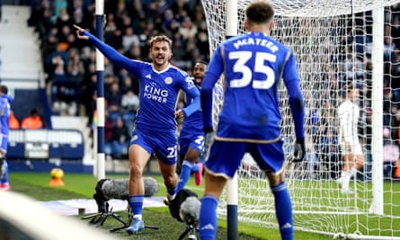 Leicester’s Kiernan Dewsbury-Hall celebrates scoring the opening goal against West Brom