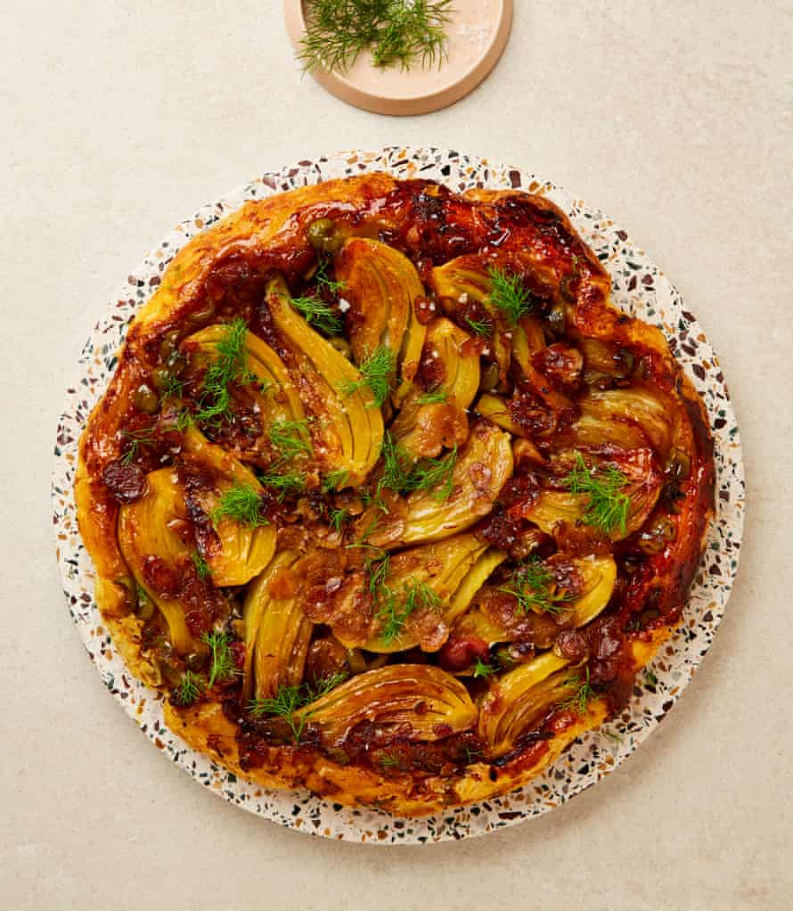Yotam Ottolenghi's Tarte Tatin made from caramelized fennel and grapes with saffron and olives.