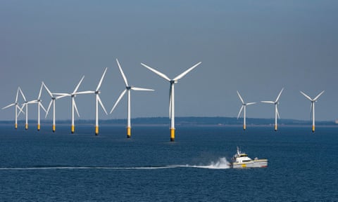 A boat moves past rows of offshore wind turbines