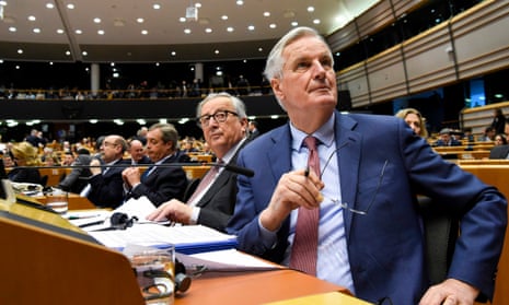 Michel Barnier (right) next to Jean-Claude Juncker in the European parliament this afternoon.