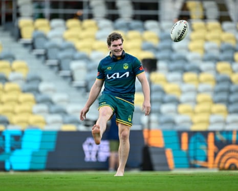 Liam Martin warms up before the Kangaroos take on Cook Islands in Townsville