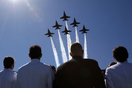 US Navy’s Blue Angels fly over the Navy-Marine Corps Memorial stadium during a graduation ceremony at the US Naval Academy in Annapolis, Maryland.
