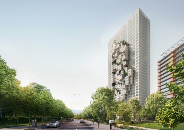 MVRDV’s vision for Downtown One, a 140-metre tower whose cantilevered houses and offices form a pixelated ‘map’ of Albania.