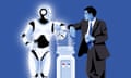 Illustration of humanoid robot and a person chatting together over a water cooler