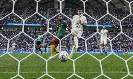 Aleksandar Mitrovic scores Serbia’s third goal in the group stage against Cameroon last November
