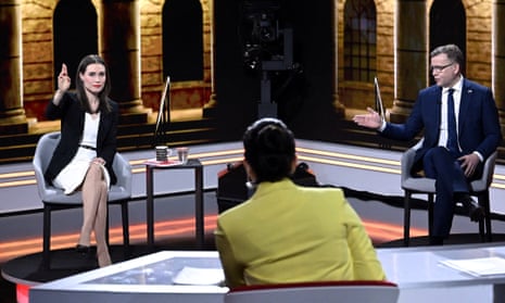 Current prime minister Sanna Marin participates in a televised debate with Petteri Orpo, leader of the conservative NCP.