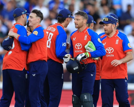 England's Harry Brook (second left) celebrates with teammates as England win the third T20 international match against India.
