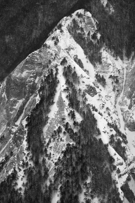 An aerial shot of a snowy landscape full of trees