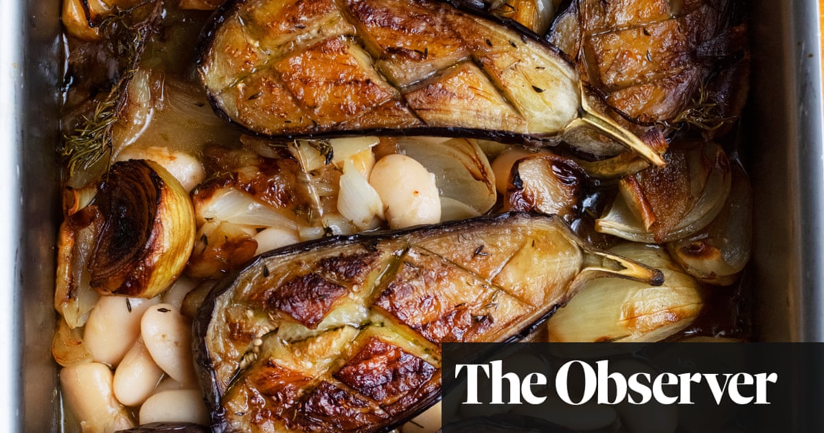 nigel-slater-s-recipes-for-baked-aubergine-with-white-beans-and-thyme-and-banana-brioche-pudding