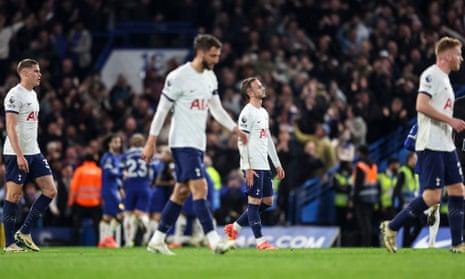 Spurs’ players show their dejection after Nicolas Jackson’s goal condemned them to a third straight defeat.