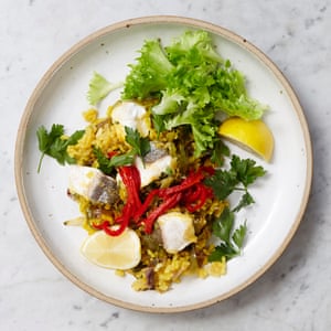 Sam Clark’s rice with hake and artichokes.
