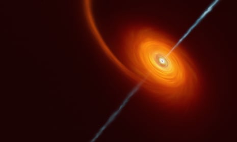 An artist impression, released November 2022 by the European Southern Observatory (ESO), of how it might look when a star approaches too close to a black hole and is squeezed by the intense gravitational pull.