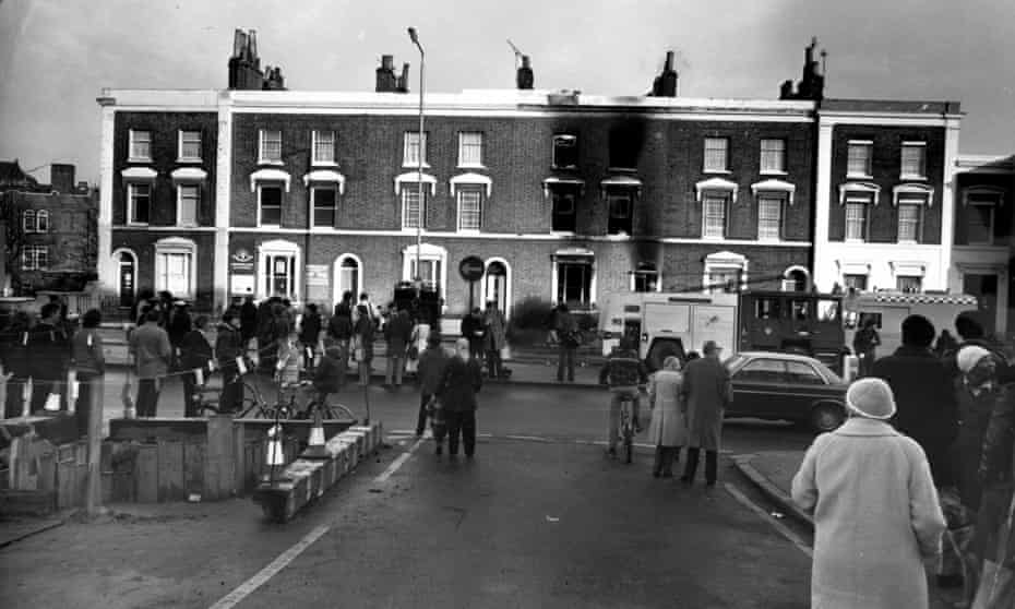 The flame-ravaged house in New Cross Road, Deptford, south London in 1981.