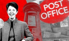 Composite picture of Paula Vennells, with short hair and wearing a matching suit jacket and dress, grinning, next to a postbox, stamped letters and a sign reading "Post Office"