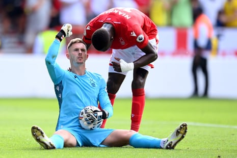 Dean Henderson of Nottingham Forest reacts after saving a penalty taken by Declan Rice of West Ham.