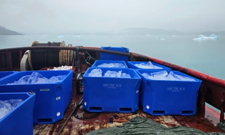 Arctic Ice’s boat collecting ice in the Nuup Kangerlua, the fjord around Nuuk, the Greenlandic capital.