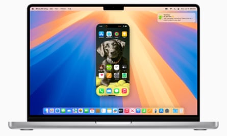 An iPhone can be wirelessly mirrored on macOS Sequoia.