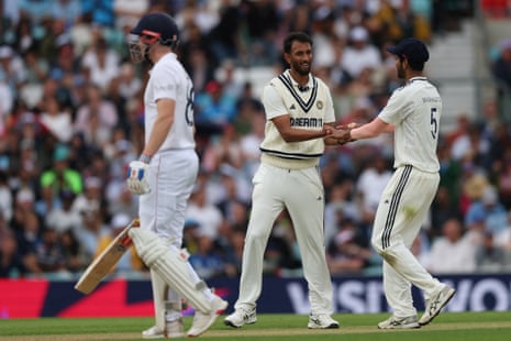 Prasidh Krishna celebrates after taking the wicket of Gus Atkinson.