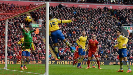 Mikel Arteta (right) can only stand and watch as Martin Skrtel’s header flies in to give Liverpool a 2-0 lead in a 5-1 win against Arsenal in February 2014.