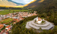 St Anton Church and Kobarid Ossuary, Caporetto Memorial from First World War. Aerial Drone View