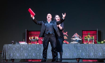 Christopher Purves (Don Giovanni) and Christine Rice (Donna Elvira) in Don Giovanni at the Coliseum: ‘glitters with black, chiselled wit’.