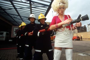 Lily Savage with the fire brigade in Edinburgh, Scotland in 1993