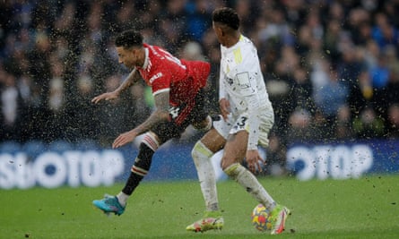 Jesse Lingard (left) tries to get the better of Junior Firpo during Manchester United’s game at Leeds last month.