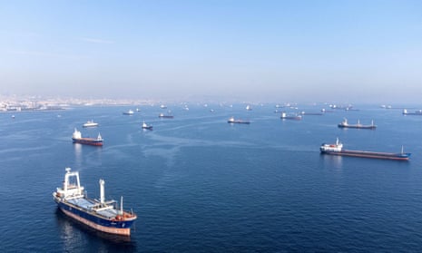 Commercial vessels including vessels which are part of the Black Sea grain deal wait to pass the Bosphorus strait off the shores of Yenikapi in Istanbul.